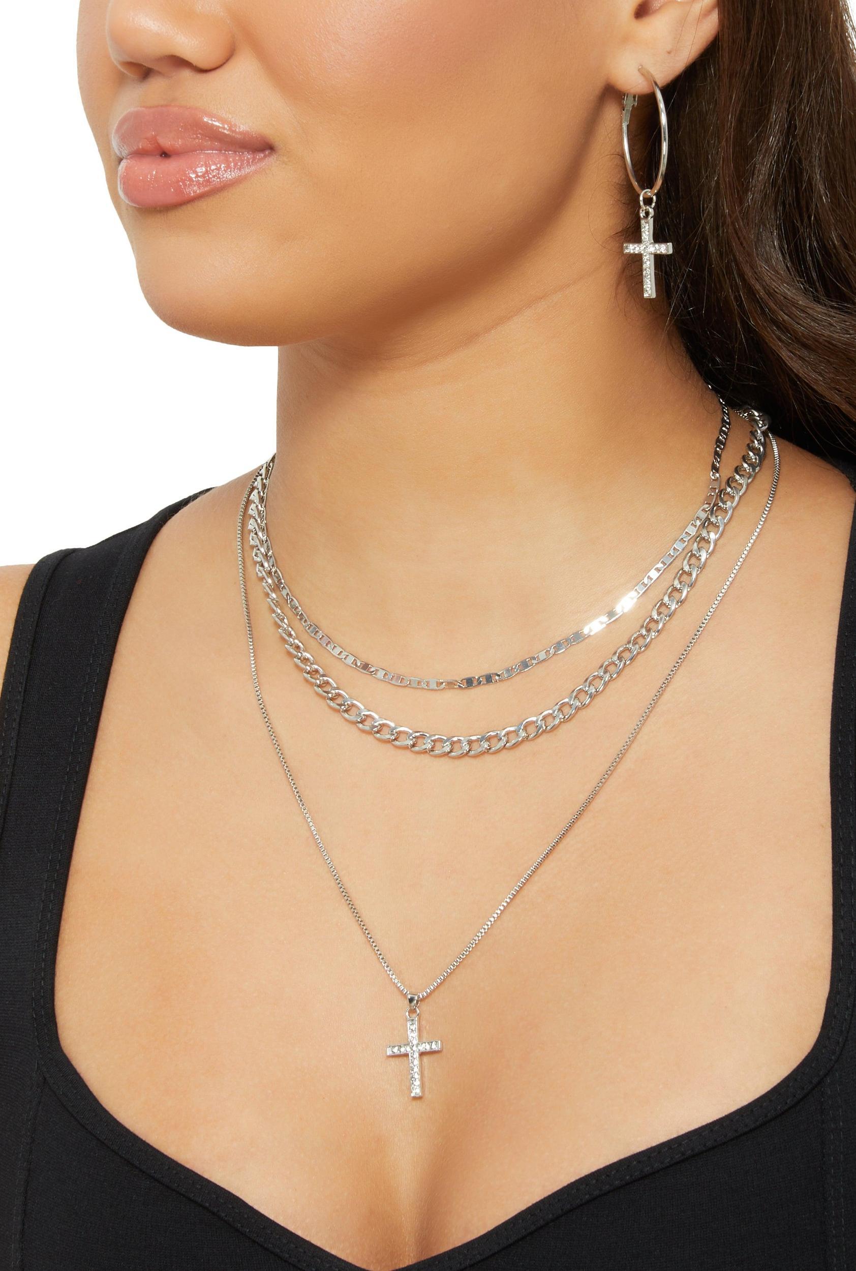 Cubic Zirconia Cross Layered Necklace and Earrings Set Female Product Image