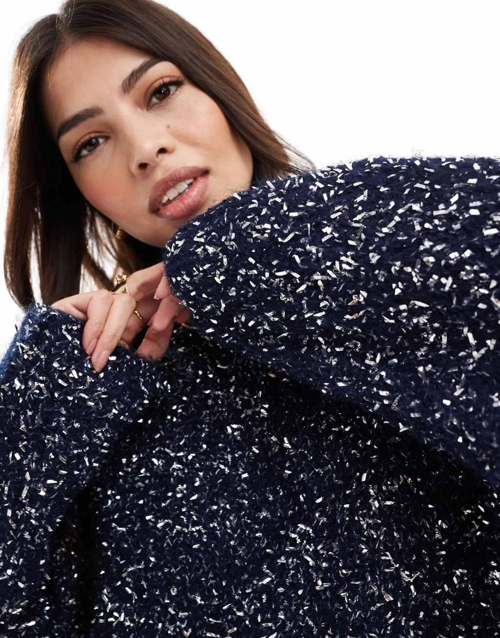 ASOS DESIGN oversized Christmas sweater with tinsel yarn in navy Product Image