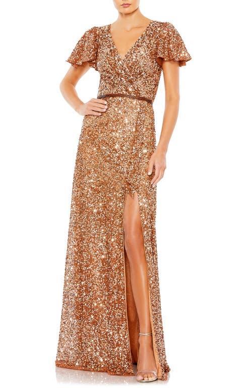 Mac Duggal Sequin V-Neck Short Flutter Sleeve Front Slit Gown Product Image