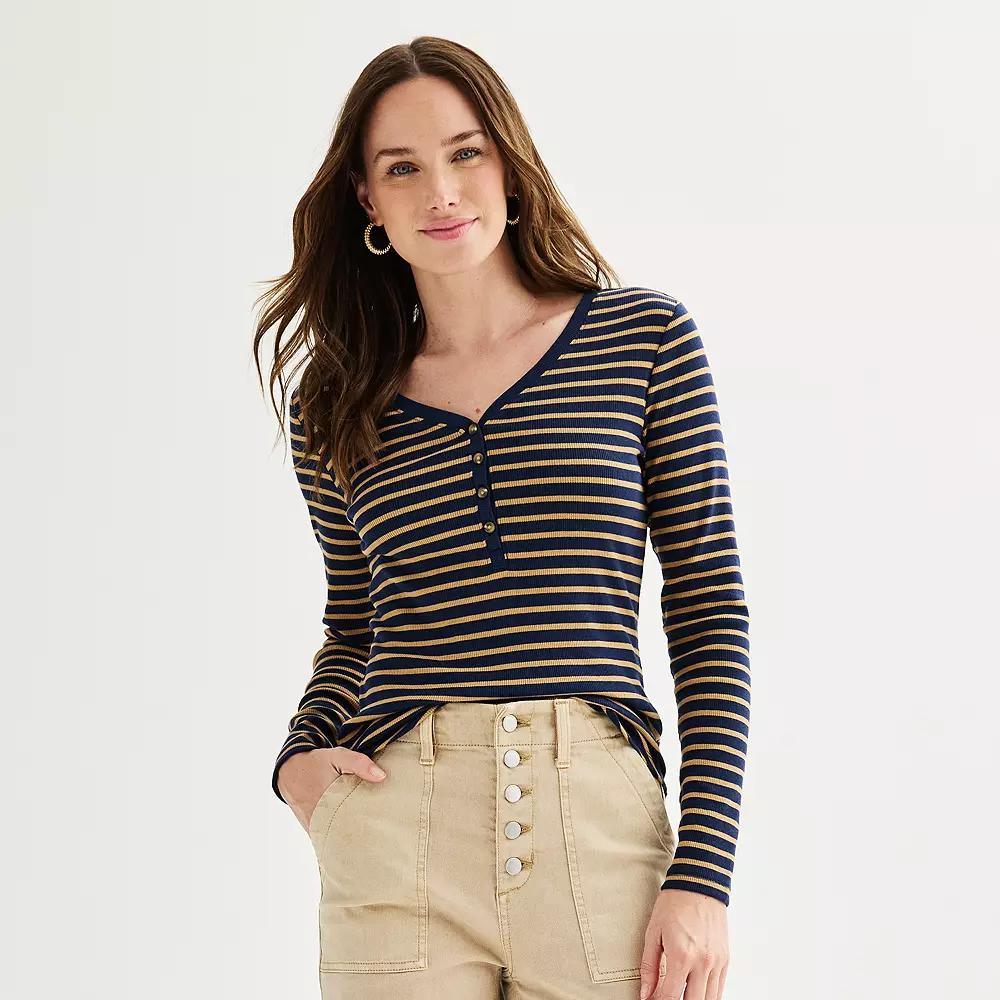 Women's Sonoma Goods For Life® Rib Long Sleeve Henley, Size: XXL, Blue Brown Stripe Product Image