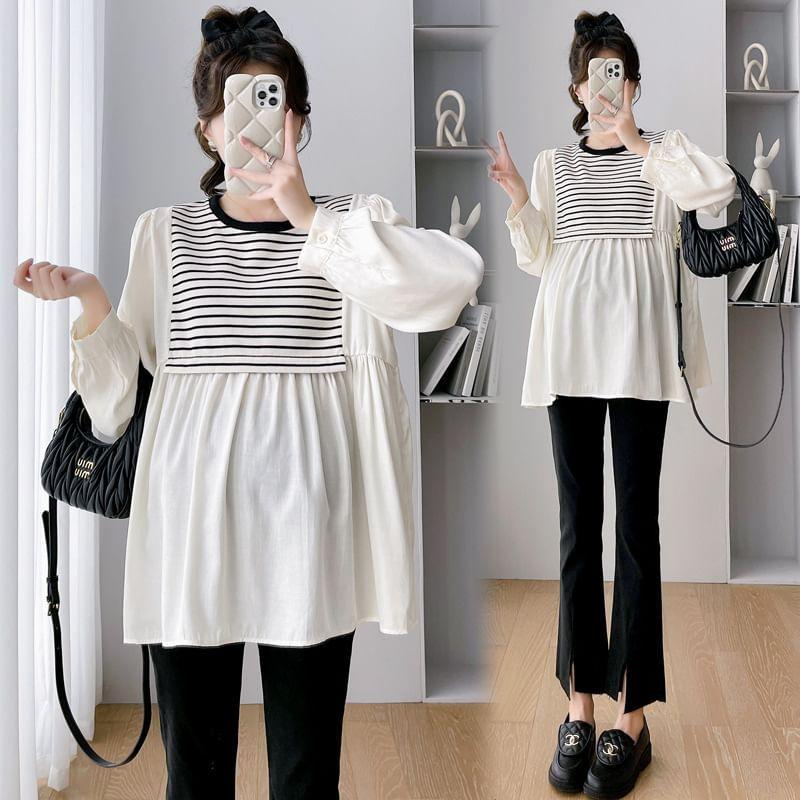 Maternity Long Sleeve Crew Neck Striped Panel Blouse Product Image