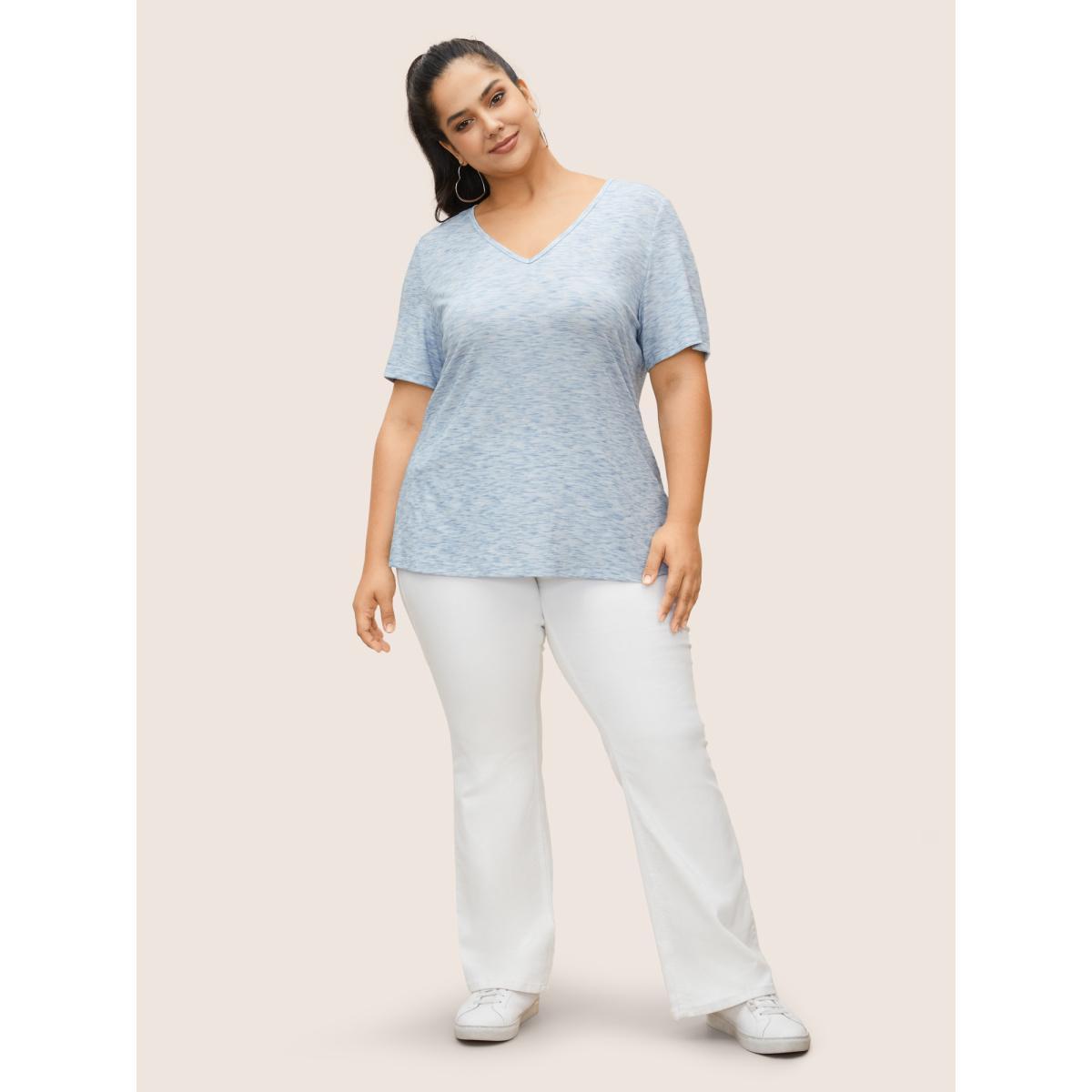 Plus Size Solid Heather V Neck T-shirt LightBlue Women Casual V-neck Everyday T-shirts BloomChic 26/4X Product Image