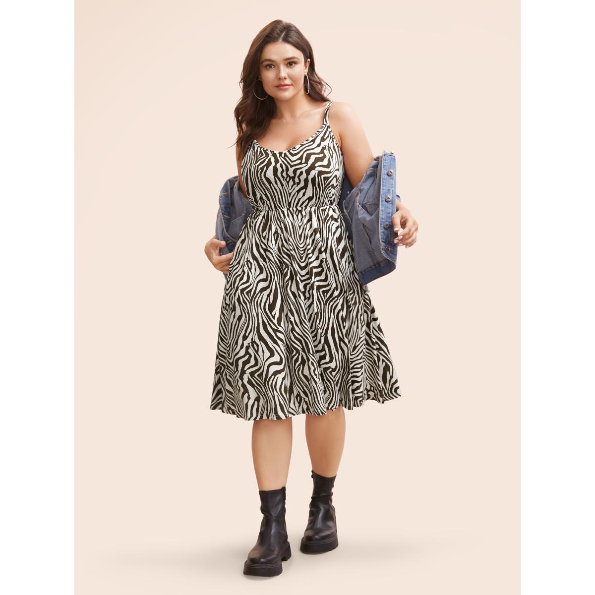 Plus Size Zebra Print Midi Cami Dress Browncoffeecolor Women Casual Non V-neck Sleeveless Curvy BloomChic 22-24/3X Product Image