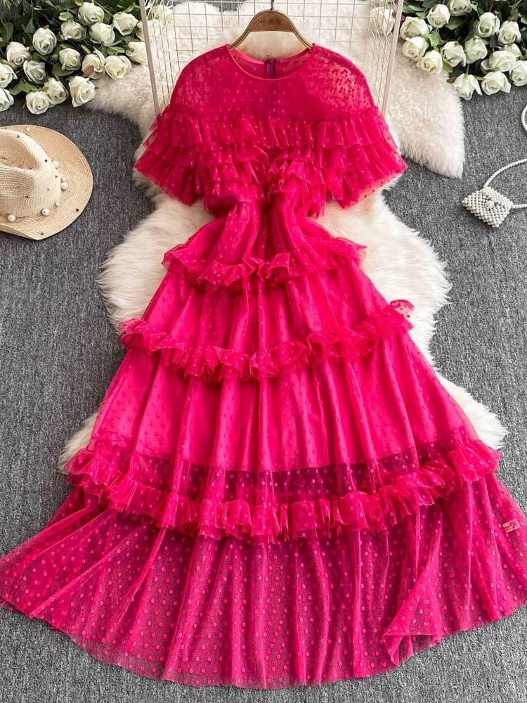 Short-Sleeve Dotted Ruffle Mesh Maxi A-Line Dress Product Image