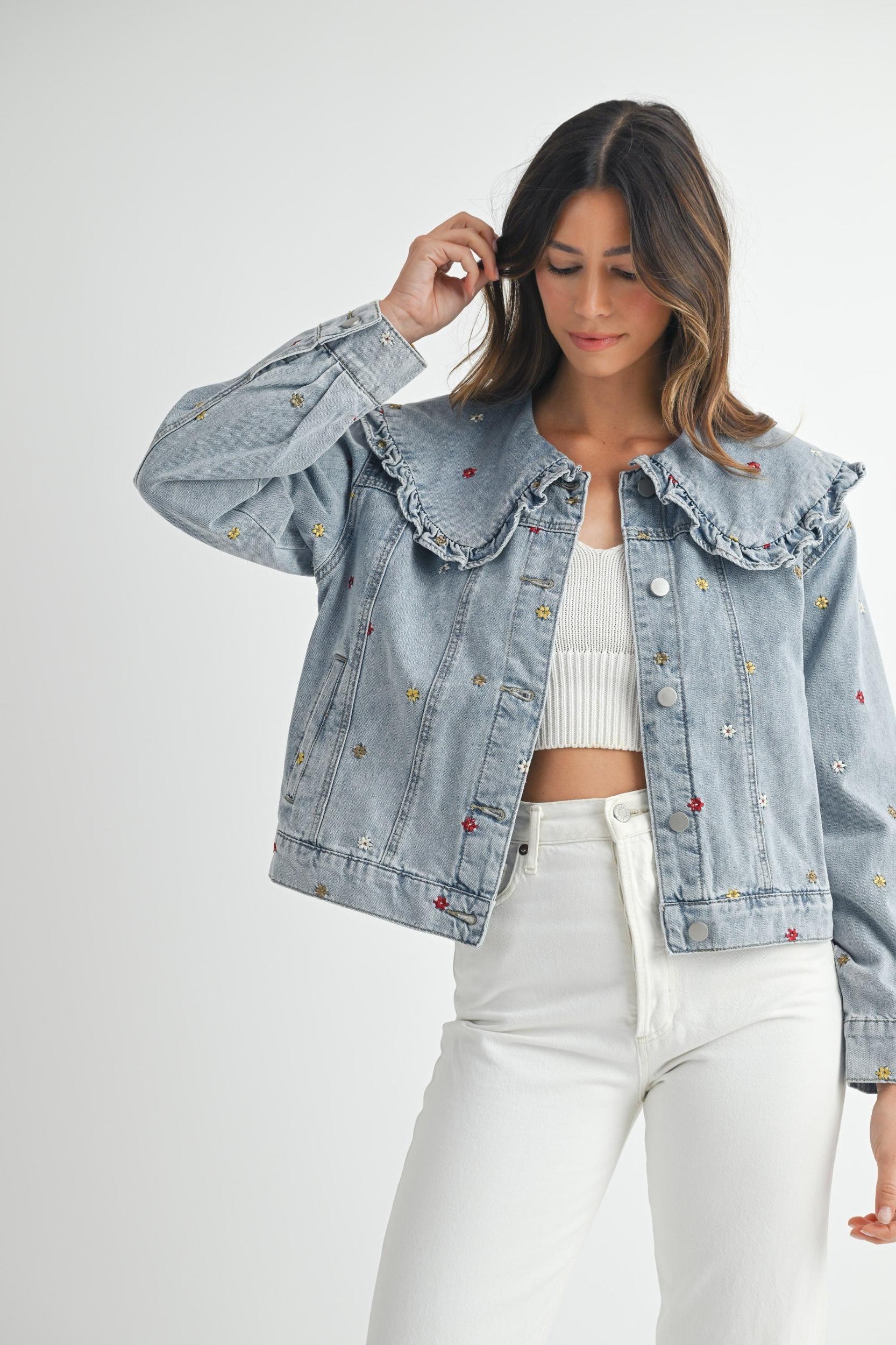 Peter Pan Collar Embroidered Denim Jacket Product Image