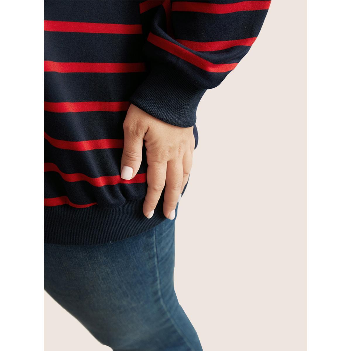 Plus Size Striped Patchwork Button Detail Sweatshirt Women Midnight Casual Non Round Neck Everyday Sweatshirts BloomChic 18-20/2X Product Image