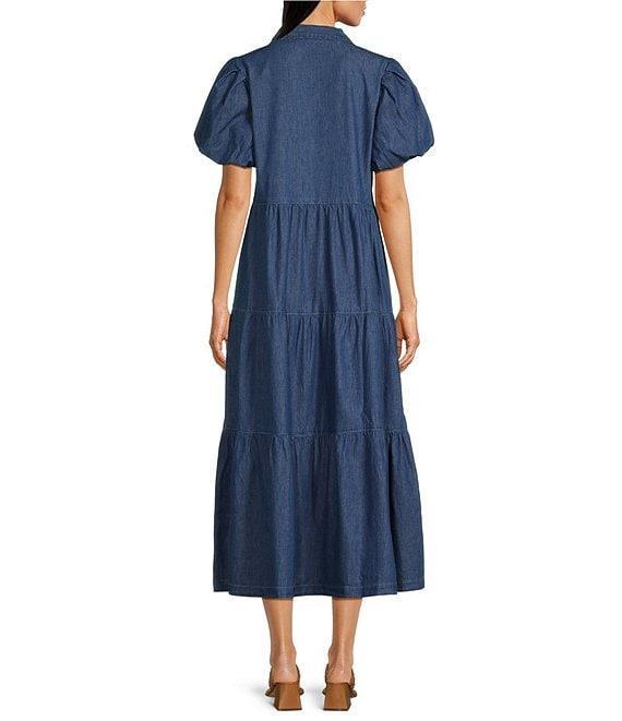 APNY Split Neck Short Puff Sleeve Button Front Tiered A-Line Dress Product Image