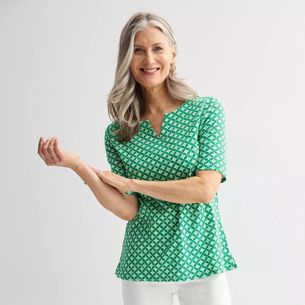 Women's Croft & Barrow® Elbow-Sleeve Splitneck Top, Size: Medium, Pink Tidy Stripe Product Image
