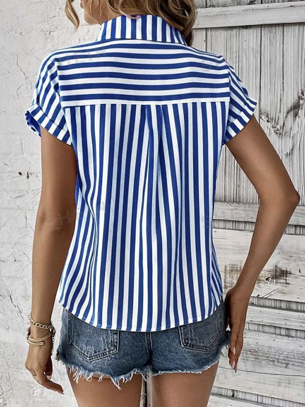 Loose Short Sleeves Contrast Color Split-Joint Striped Patterns Lapel Blouses&Shirts Tops Product Image