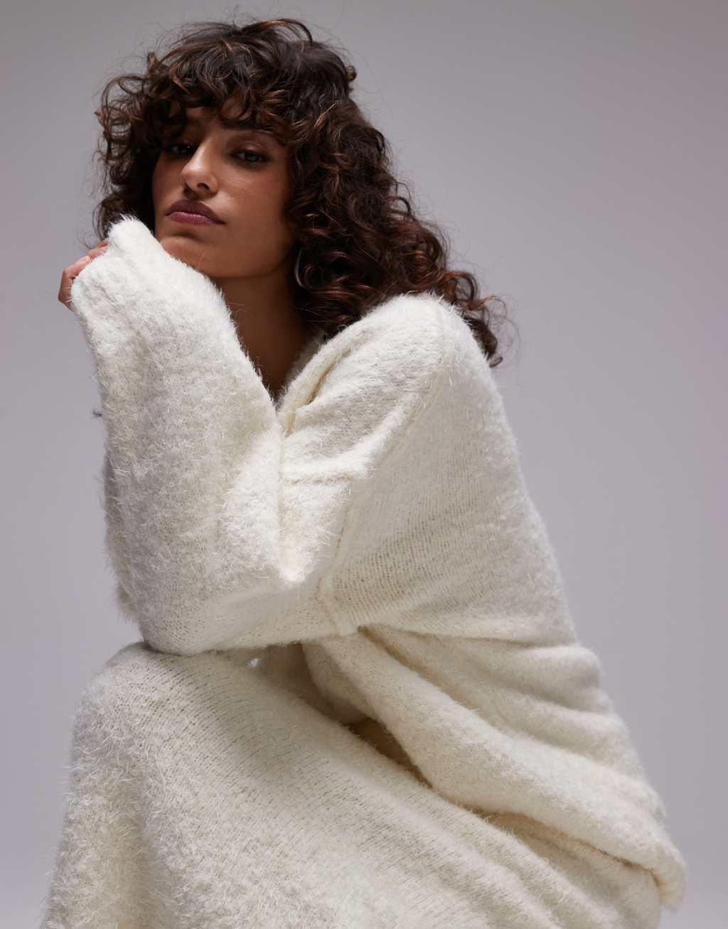 Topshop knit V-neck fluffy oversized sweater in cream - part of a set Product Image