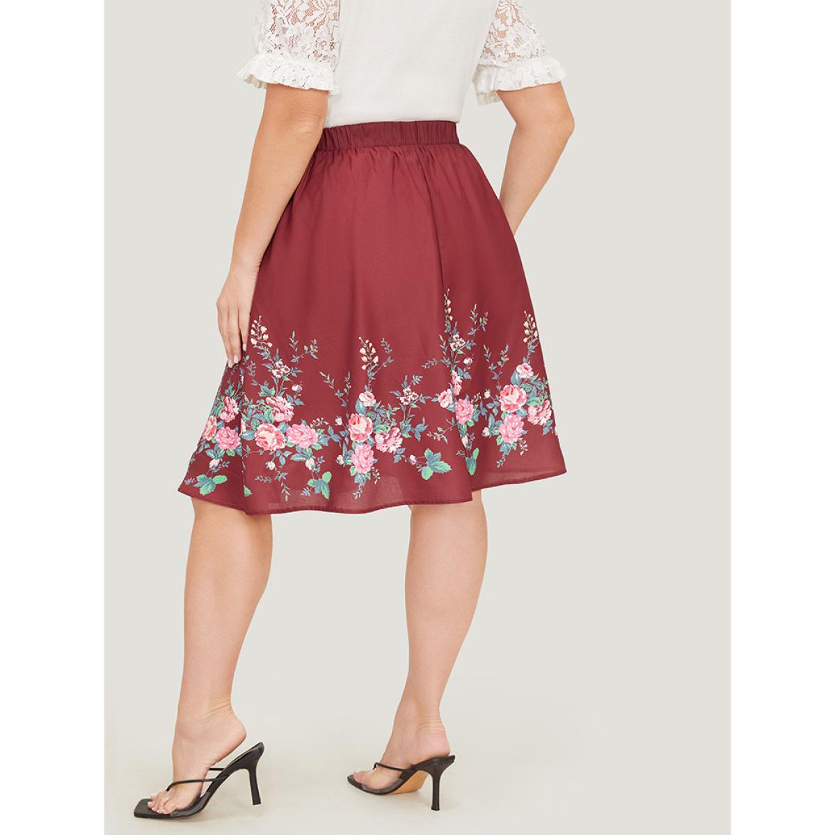 Plus Size Floral Print Pocket Flutter Hem Skirt Women Burgundy Elegant Printed No stretch Pocket Dailywear Skirts BloomChic 22-24/3X Product Image