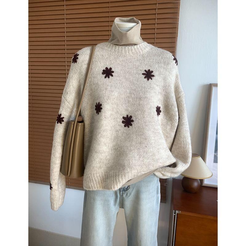 Crew Neck Floral Embroidered Sweater Product Image