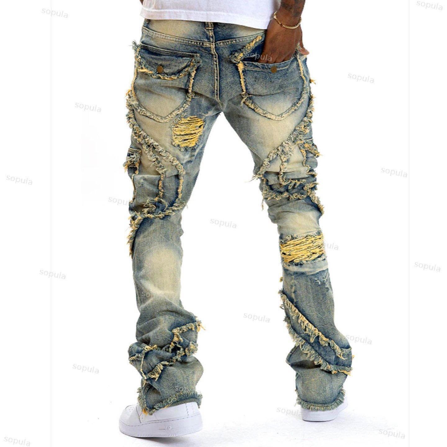 Men's Ripped Flared Fringe Stretch Jeans Product Image