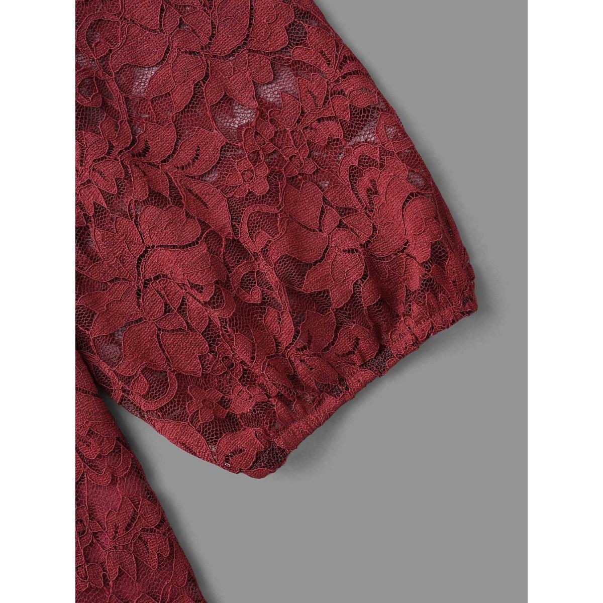 Plus Size Solid Lace Patchwork Lantern Sleeve Dress Burgundy Women Cocktail Woven ribbon&lace trim Party Curvy Bloomchic 28/5X Product Image