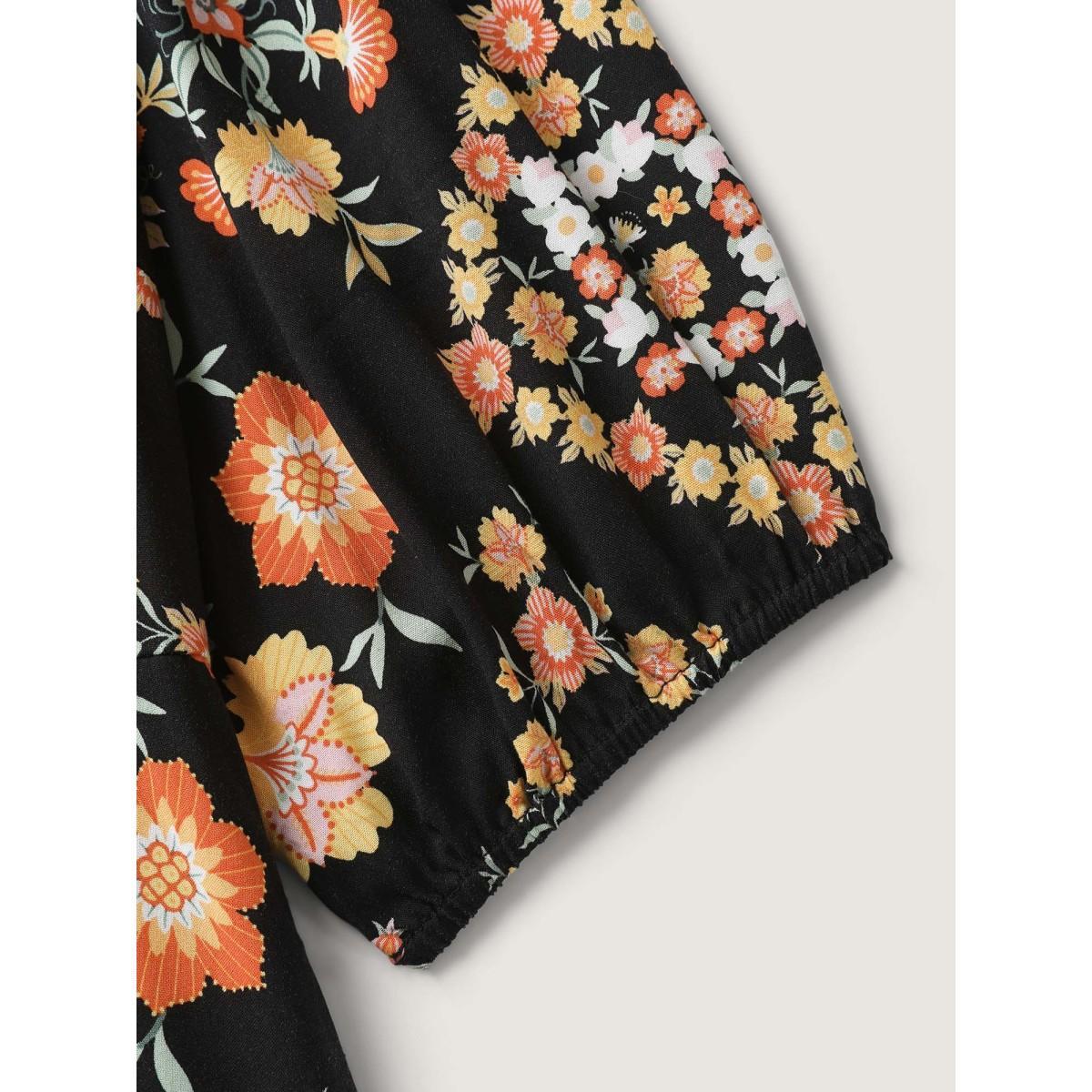 Plus Size Boho Print Waist Stretchy Midi Dress BlackFlower Women Notched collar Half Sleeve Curvy BloomChic 30/6X Product Image