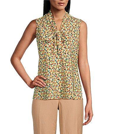Kasper Petite Size Abstract Print CDC Tie Neck Sleeveless Fitted Blouse Product Image