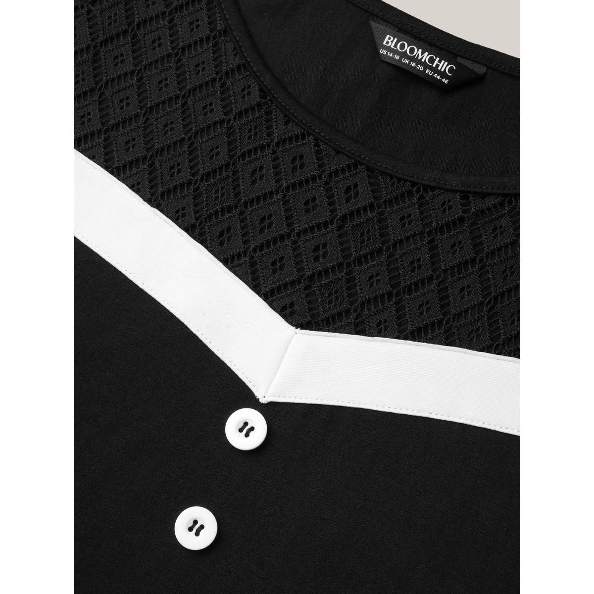 Plus Size Sheer Lace Color Contrast Button Vest Women Black Casual See through Round Neck Everyday Tank Tops Camis BloomChic 28/5X Product Image
