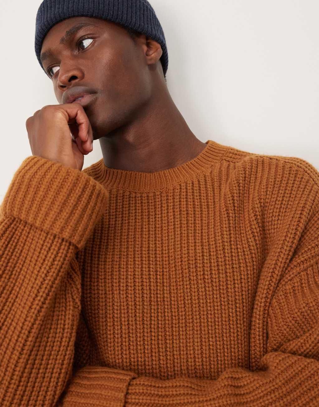 ASOS DESIGN oversized wool mix heavyweight ribbed sweater in tan Product Image