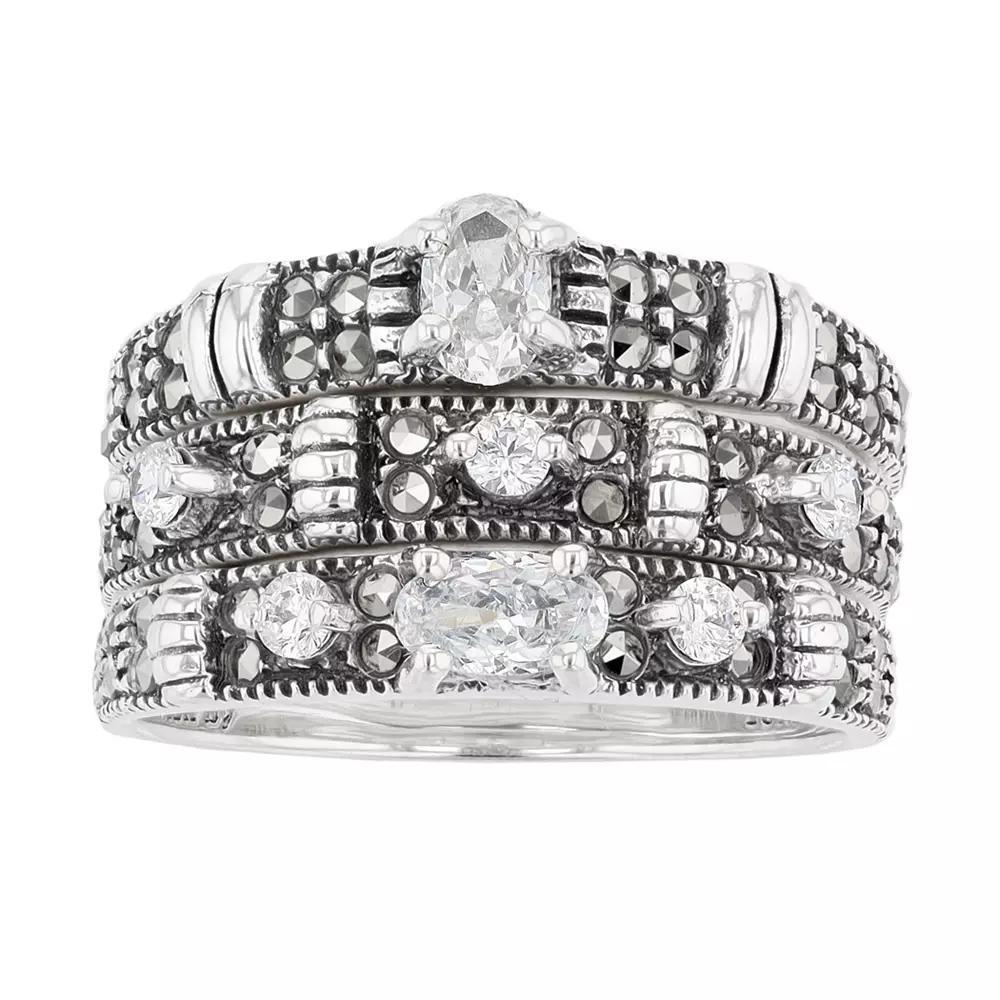 Lavish by TJM Sterling Silver Cubic Zirconia and Marcasite 3-Piece Stack Ring Set, Women's, Size: 7 Product Image