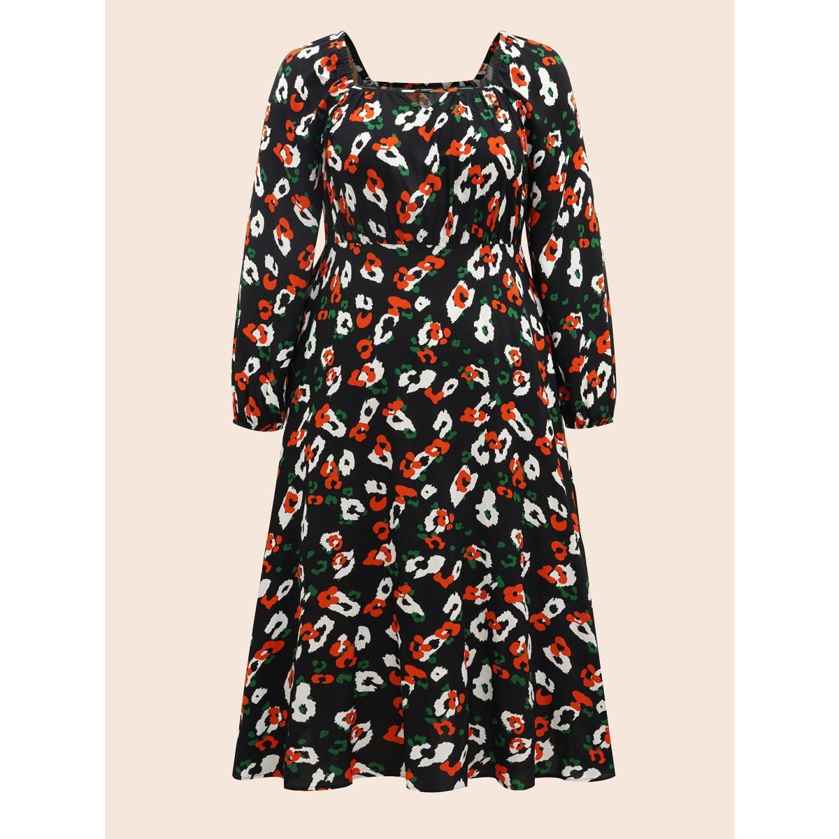 Plus Size Square Neck Animal Print Keyhole Dress Black Women Elegant Gathered Square Neck Long Sleeve Curvy BloomChic 10/M Product Image
