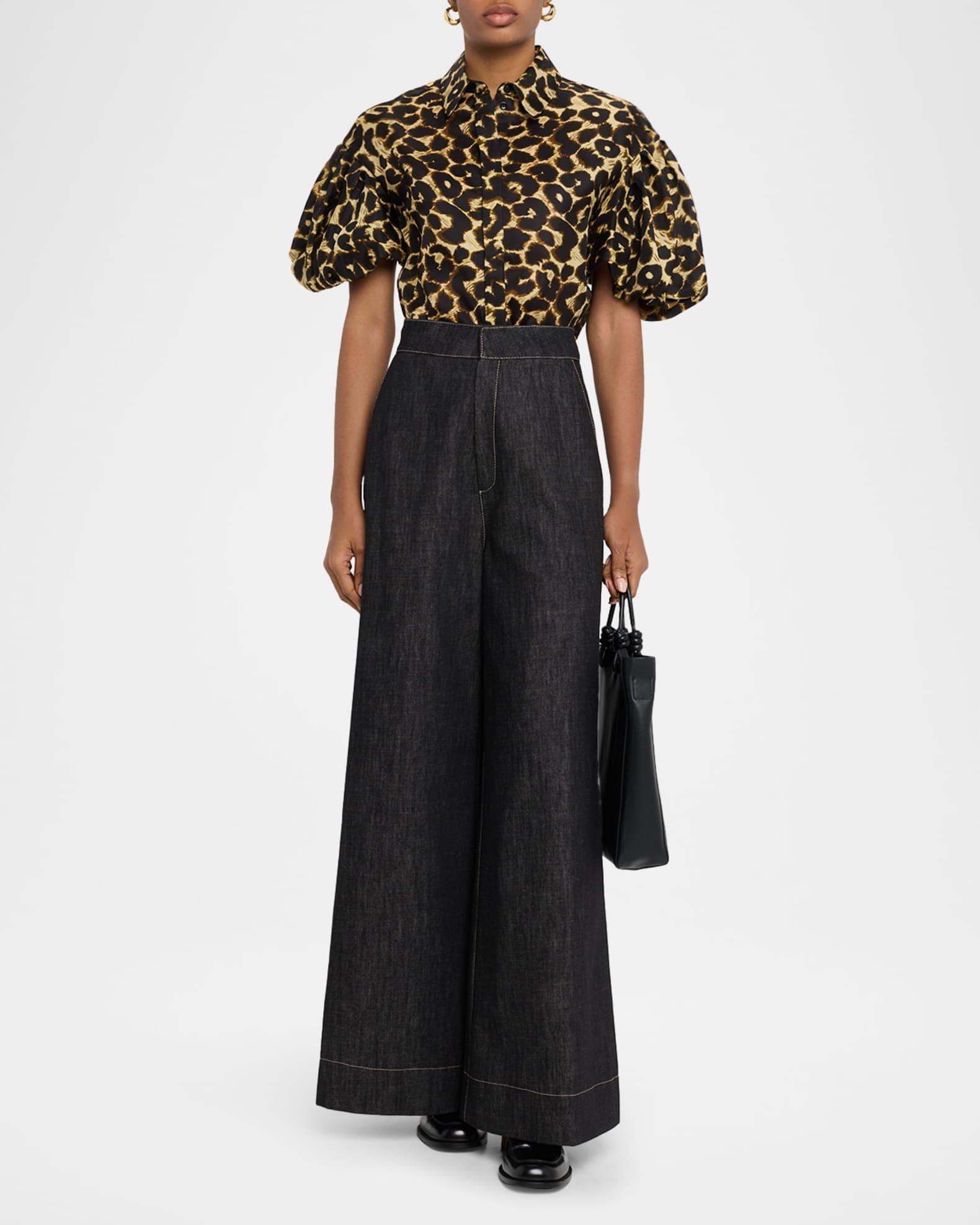 Leopard-Print Puff-Sleeve Button-Down Shirt Product Image