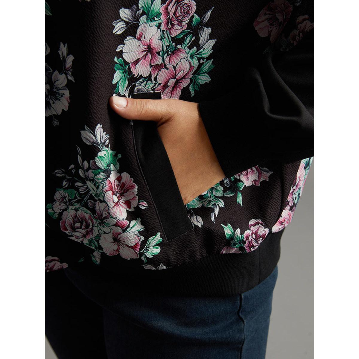 Plus Size Floral Patchwork Zipper Pocket Jacket Women BlackFlower Elastic cuffs Pocket Everyday Jackets BloomChic 18-20/2X Product Image