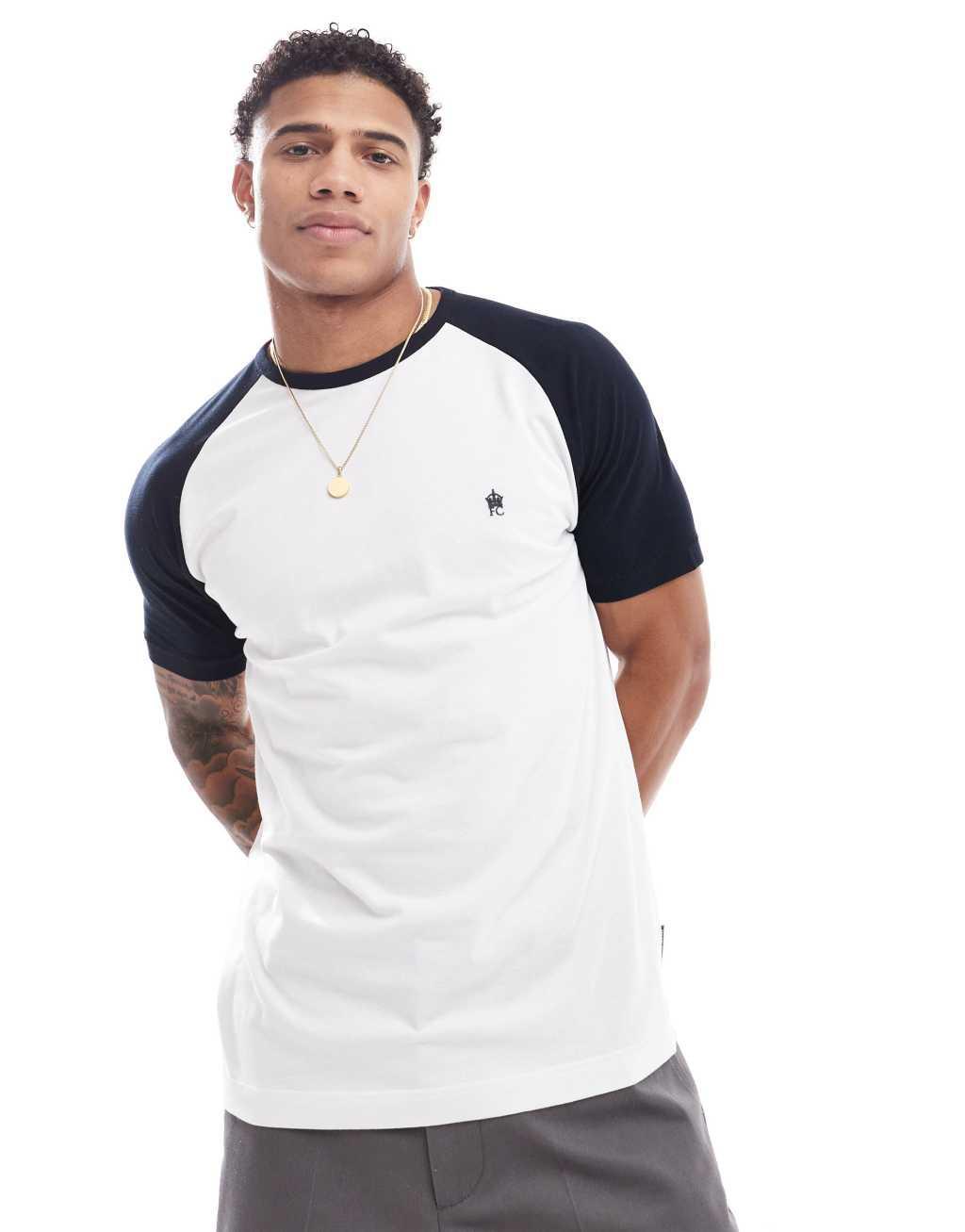 French Connection raglan t-shirt in white and navy Product Image