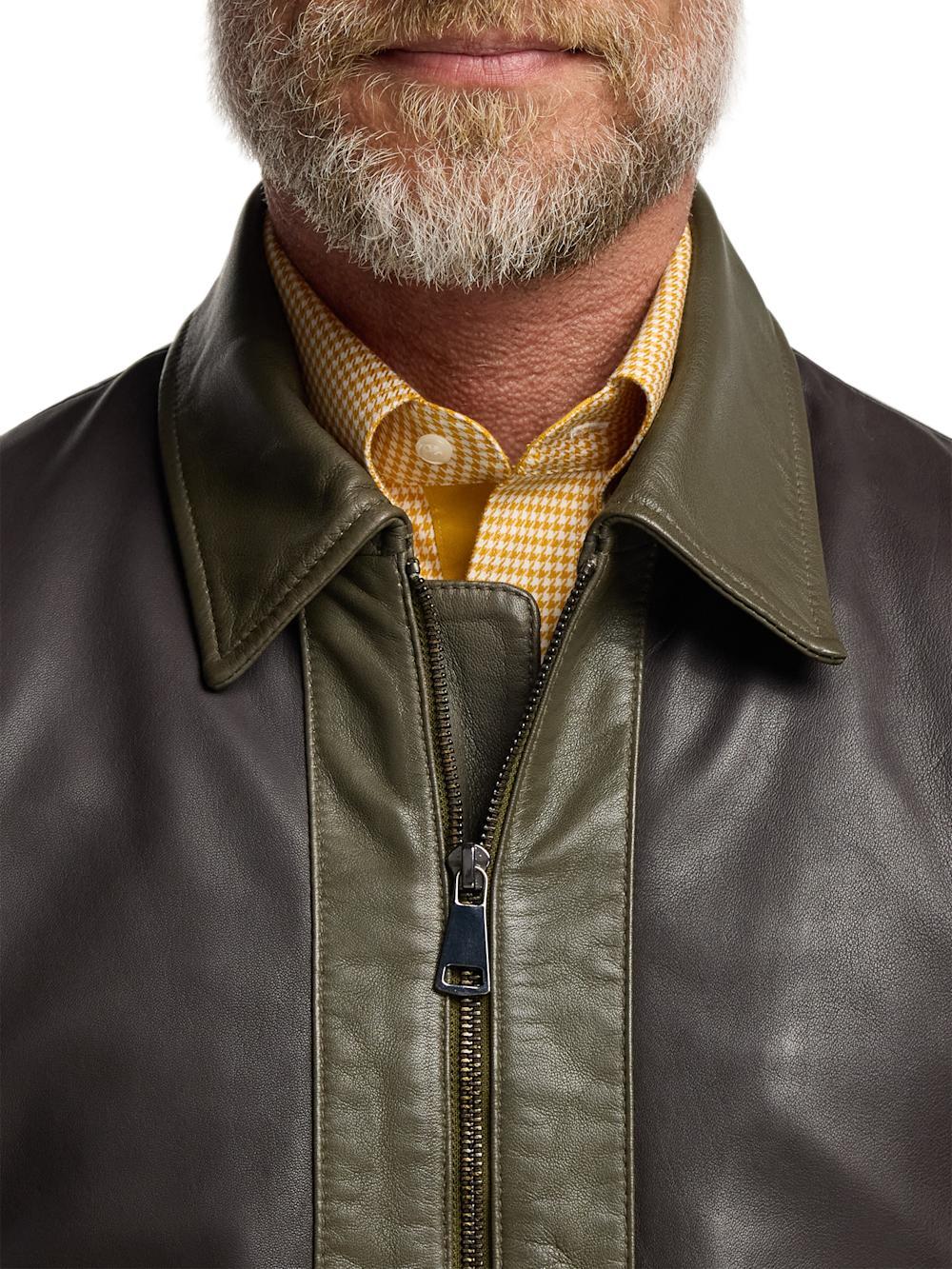 Leather Color Block Jacket - Dark Brown/olive Product Image