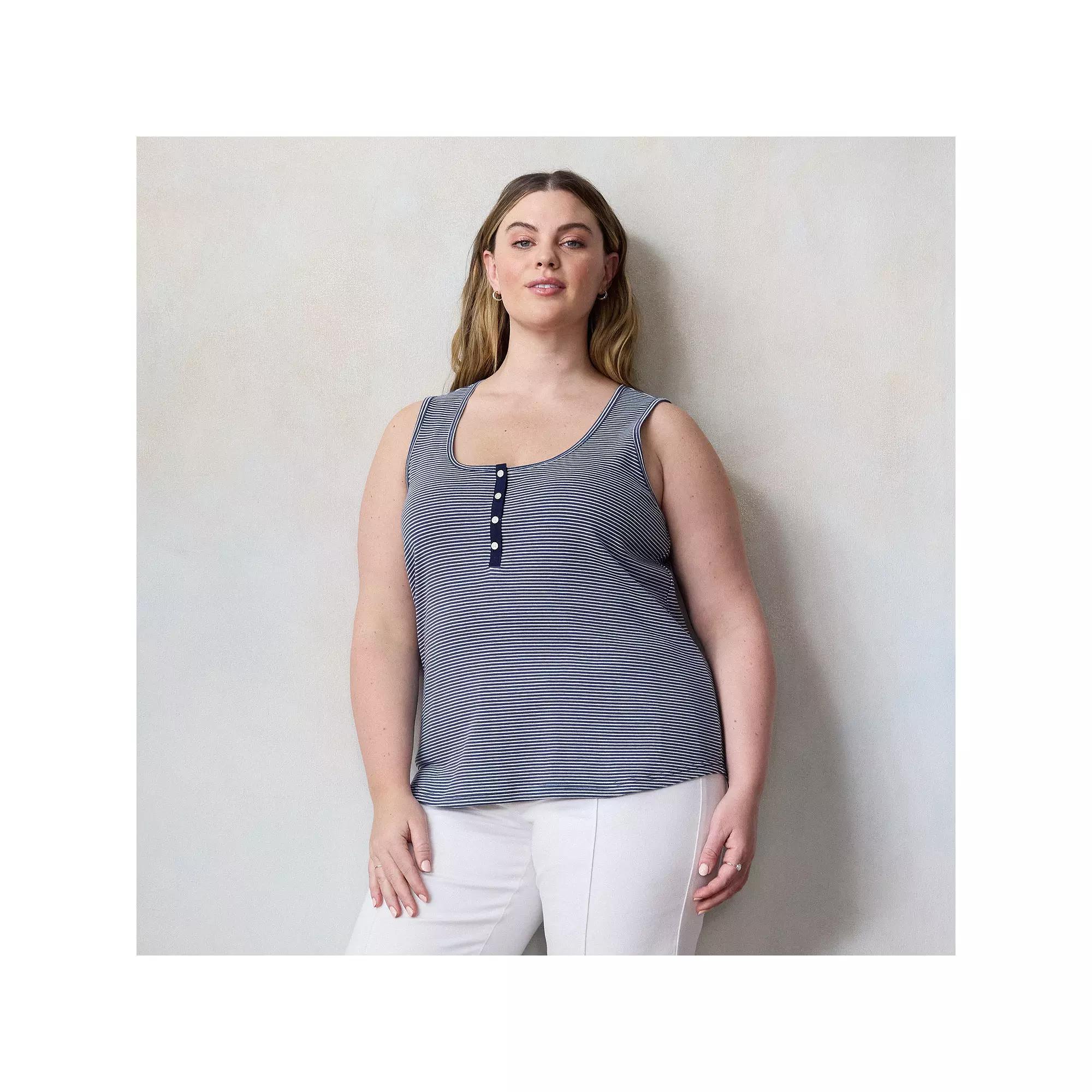 Plus Size LC Lauren Conrad Henley Tank Top, Women's, Size: 1XL, Blue Amalfi Stripe Product Image