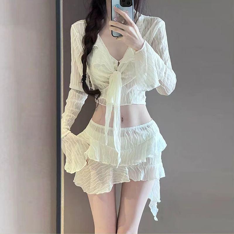 Set: Plain Shirred Bikini + Tie-Front Cover-Up + Skirt Product Image