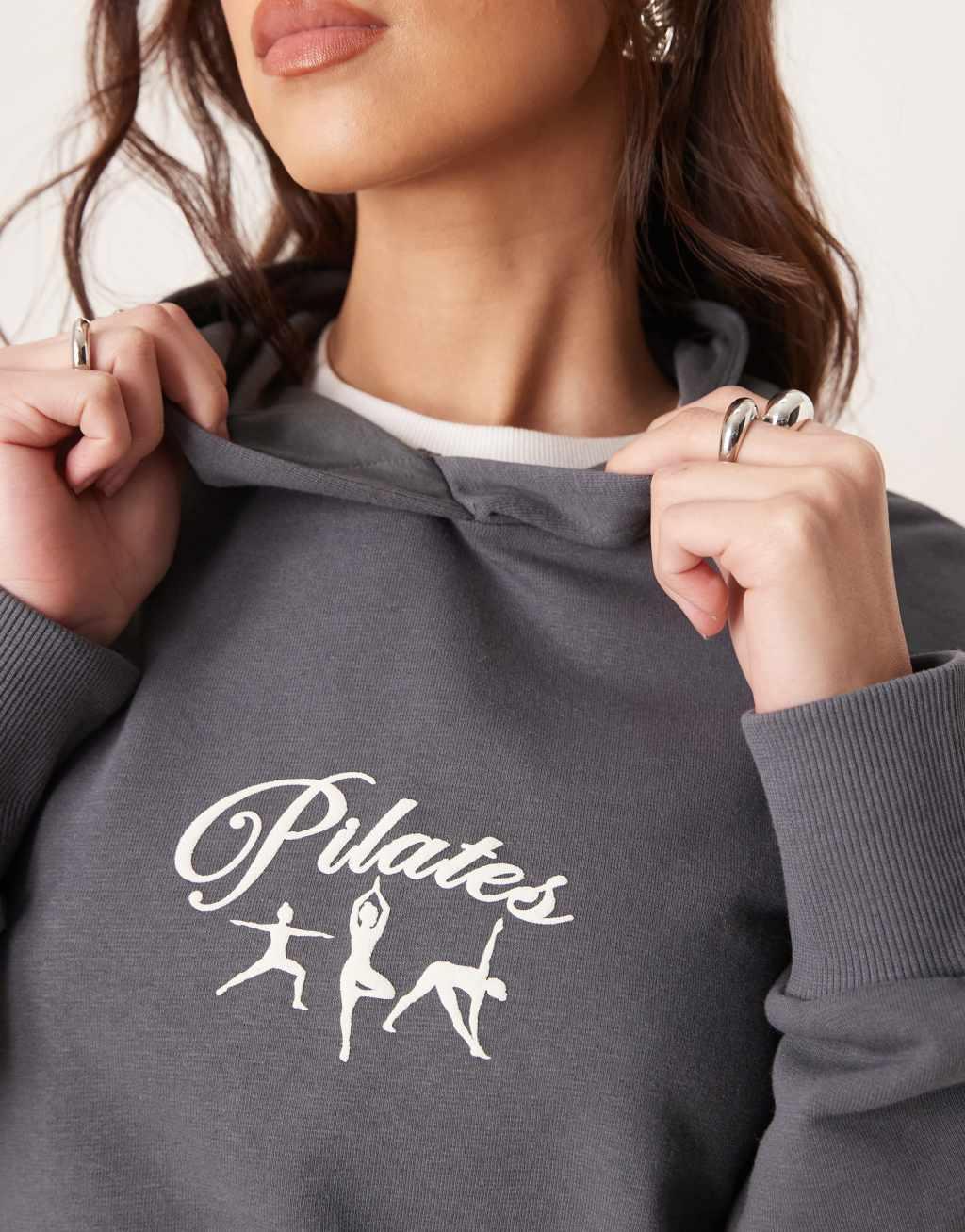 ASOS DESIGN pilates puff print hoodie in slate gray Product Image