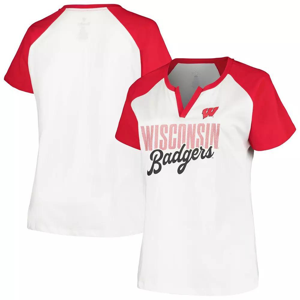 Womens Profile /Red Wisconsin Badgers Plus Size Best Squad Shimmer Raglan Notch Neck T-Shirt Product Image