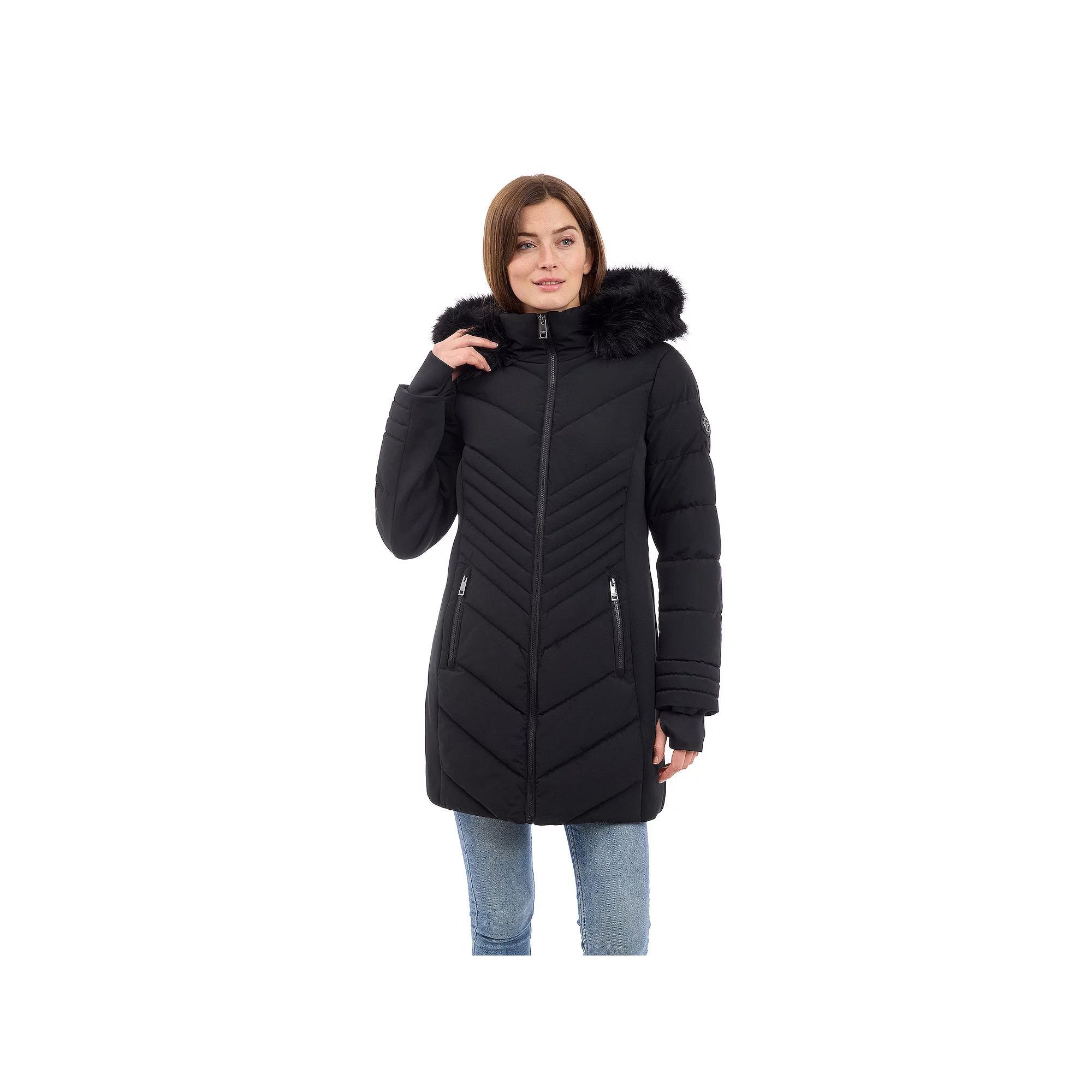 Women's London Fog Faux Fur Trimmed Hooded Puffer Jacket, Size: XL, Brown Product Image
