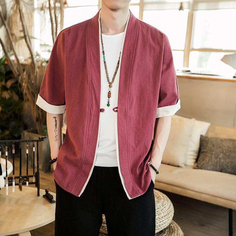 Elbow-Sleeve Open Front Linen Jacket Product Image
