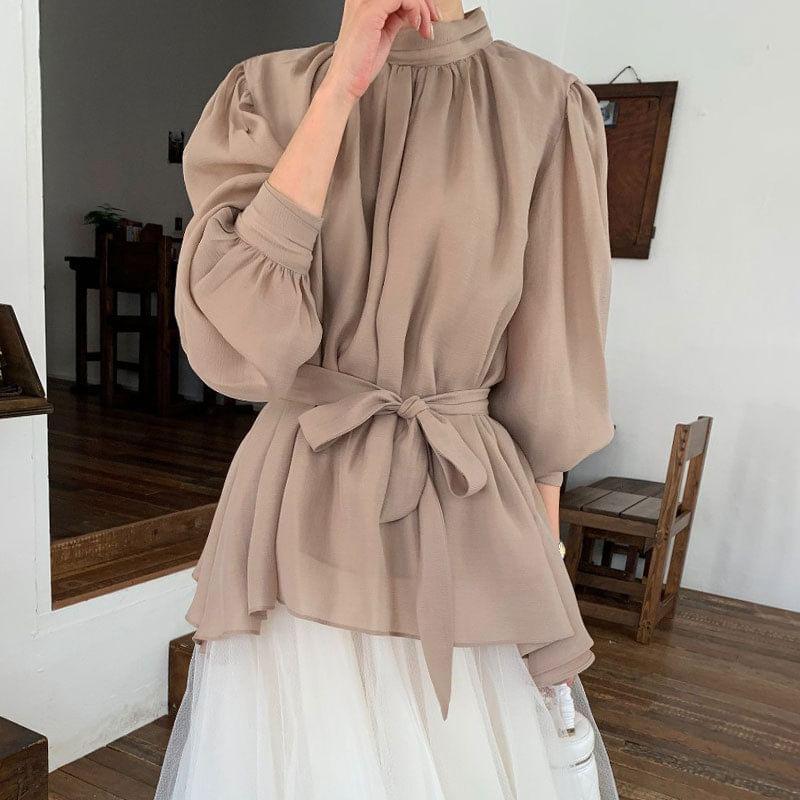 Long-Sleeve Stand Collar Plain Ruched Tie Waist Blouse Product Image