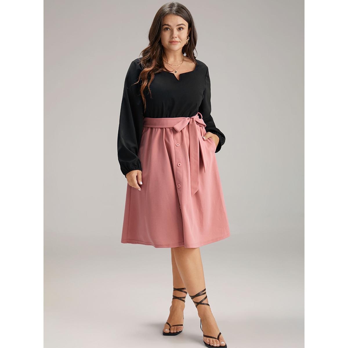 Plus Size Contrast Patchwork Button Detail Belted Dress Rouge Women At the Office Elastic cuffs Notched collar Long Sleeve Curvy Midi Dress BloomChic 30/6X Product Image