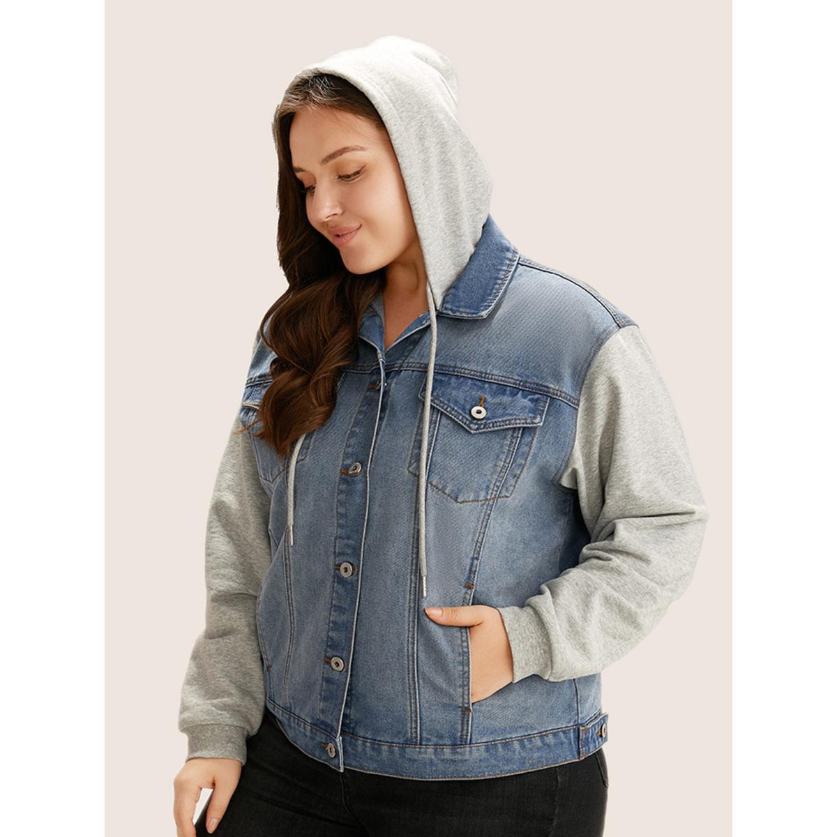 Women Hooded Patchwork Flap Pocket Denim Jacket Stone Plus Size Plain Contrast Everyday Slanted pocket Casual Denim Jackets BloomChic 26/4X Product Image
