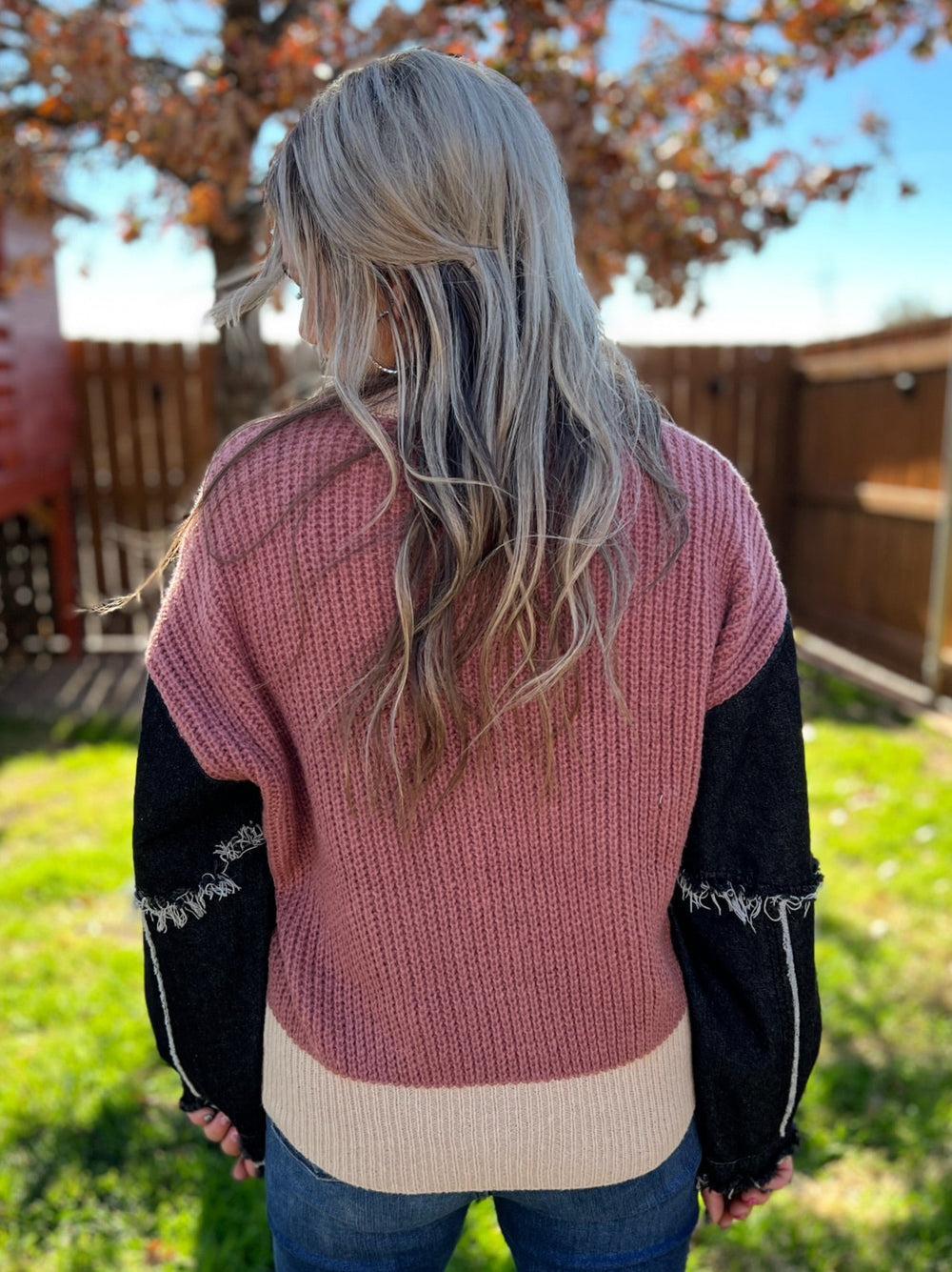 Knitted Mixed Pattern Denim Sleeve Sweater* Product Image