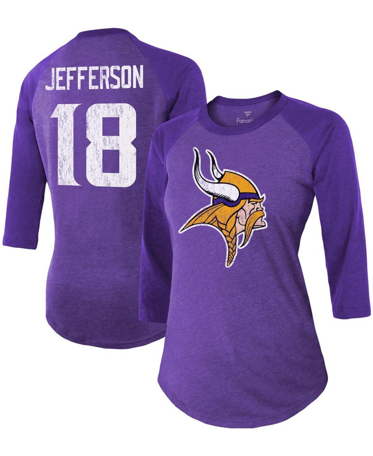 Women's Fanatics Branded Justin Jefferson Purple Minnesota Vikings Team Player Name & Number Tri-Blend Raglan 3/4-Sleeve T-Shirt, Size: Small Product Image