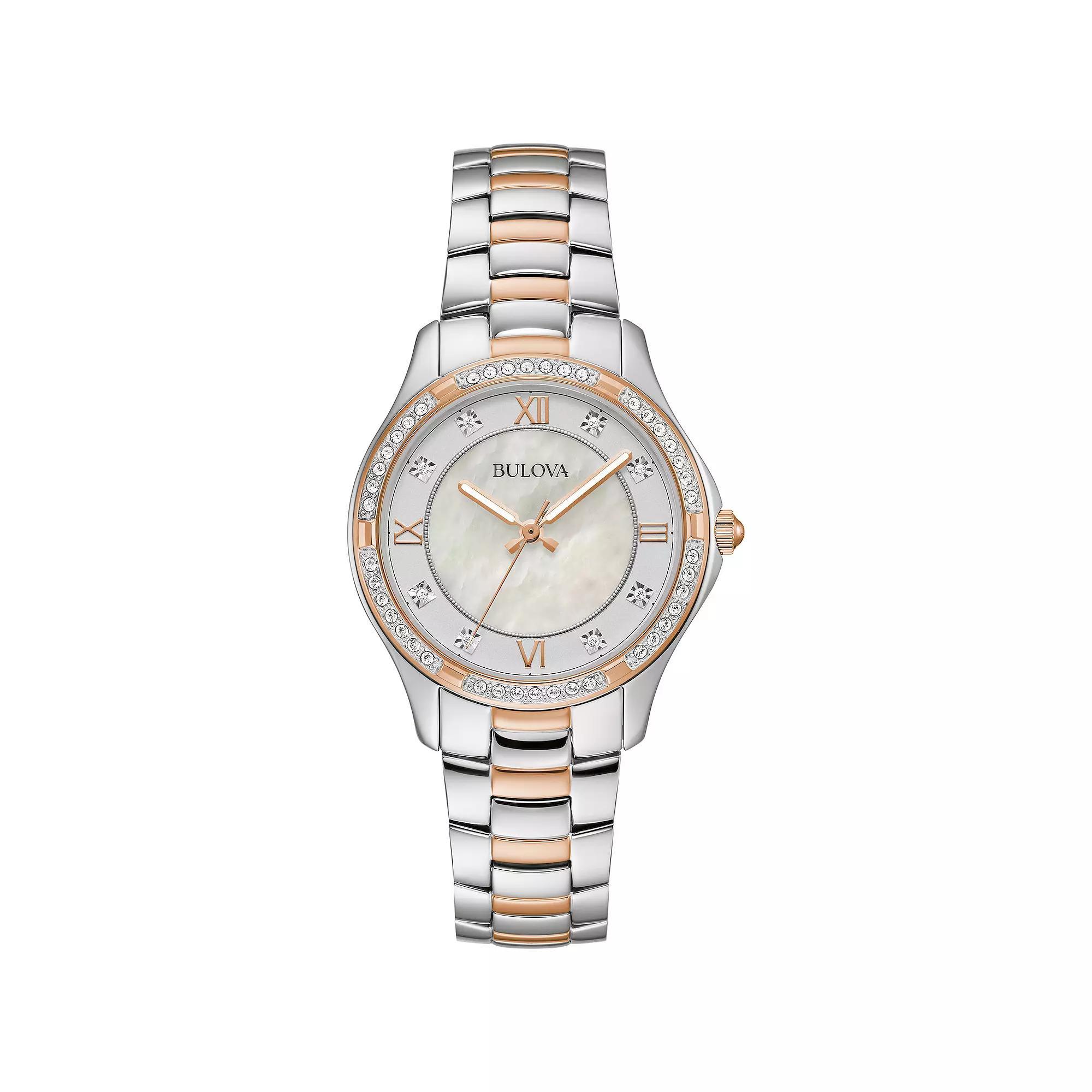 Womens Bulova Two-Tone Stainless Crystal Accent Mother-Of-Pearl Dial Bracelet Watch Gold Silver Product Image