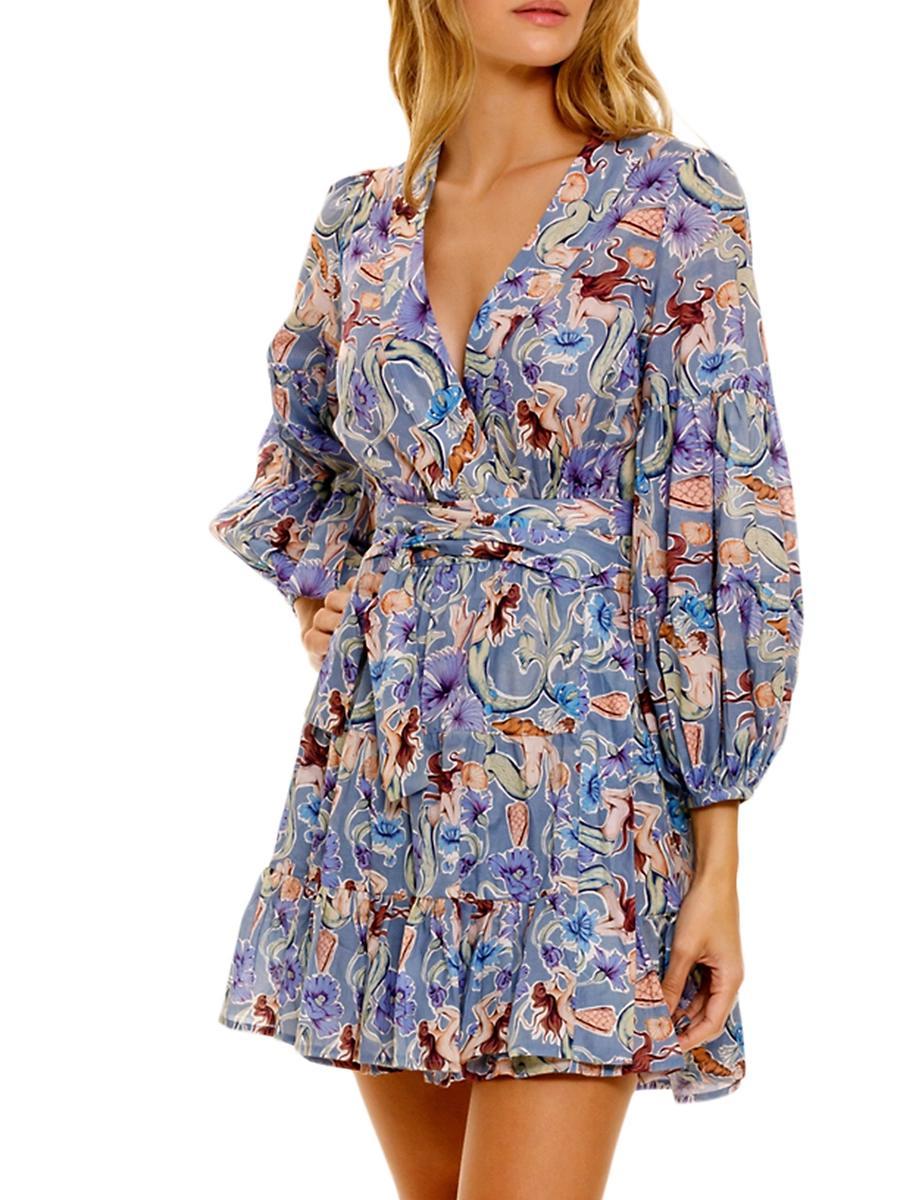 Womens Eloise Calypso Mermaid-Print Cotton Tie-Waist Minidress Product Image