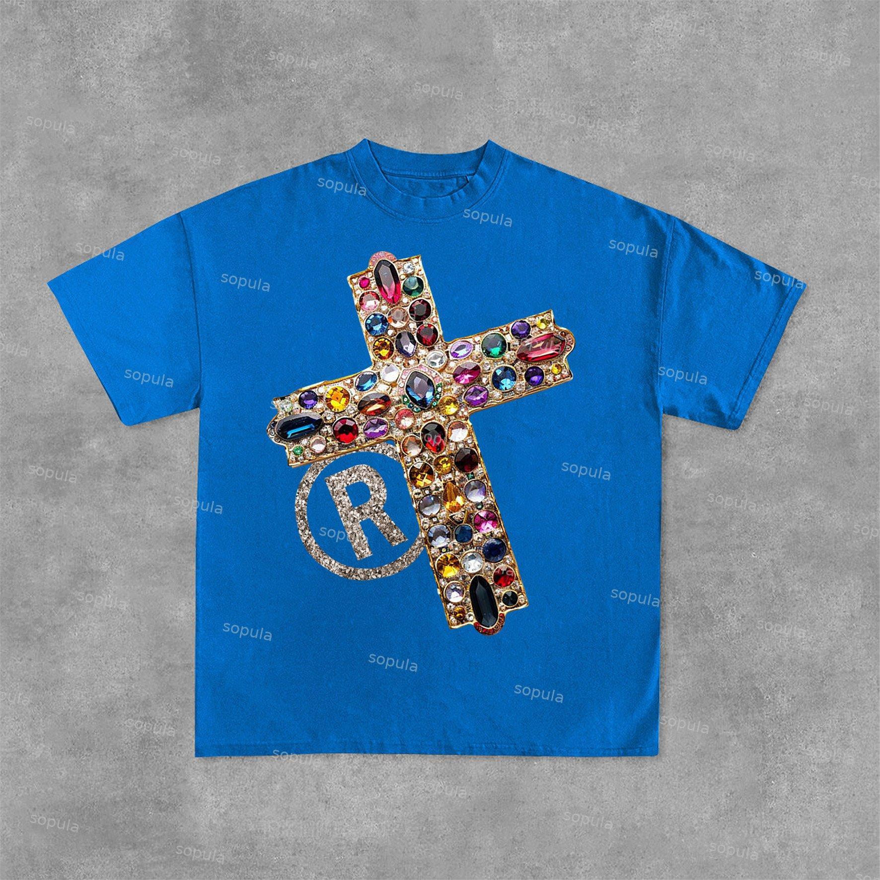 Vintage Diamond Cross Graphic Print Casual Cotton T-Shirt Product Image