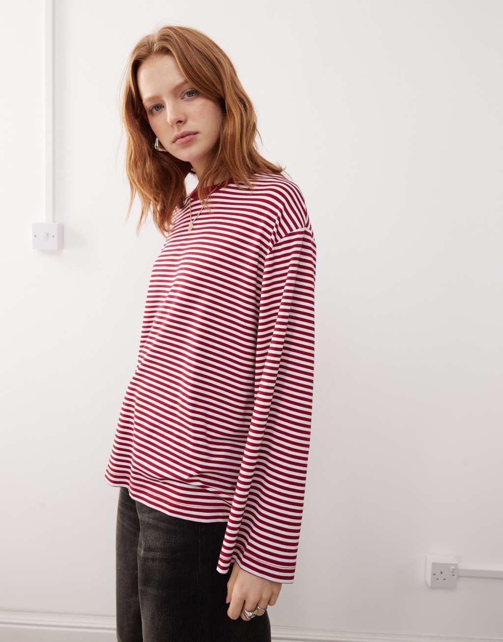 Reclaimed Vintage long sleeve contrast neck tee in red stripe  Product Image