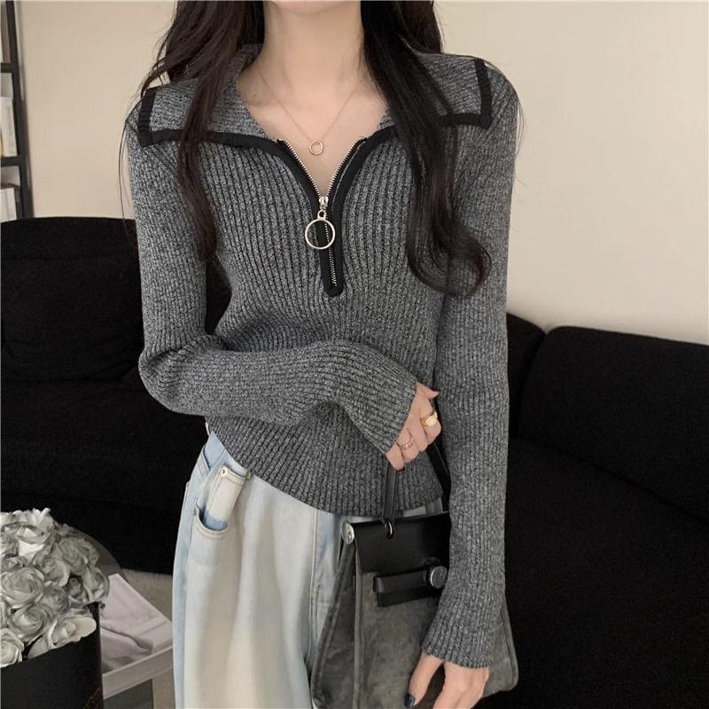Long Sleeve Half-Zip Contrast-Trim Ribbed-Knit Slim-Fit Top Product Image