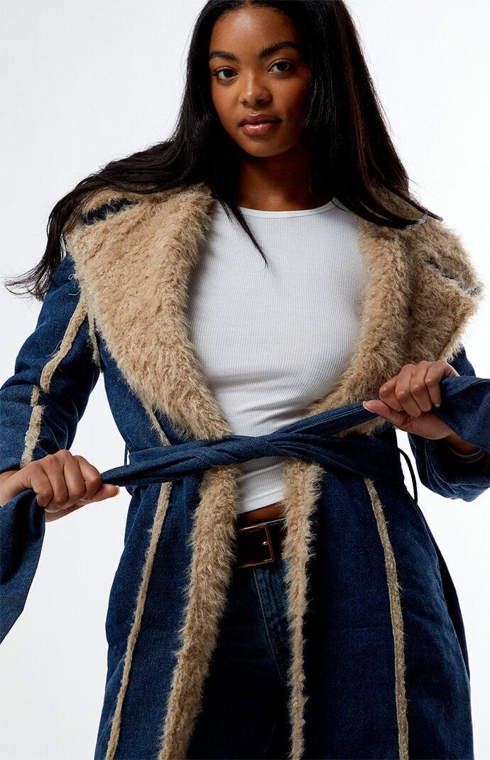 Daisy Street Womens Denim Faux Fur Trim Trench Coat Product Image