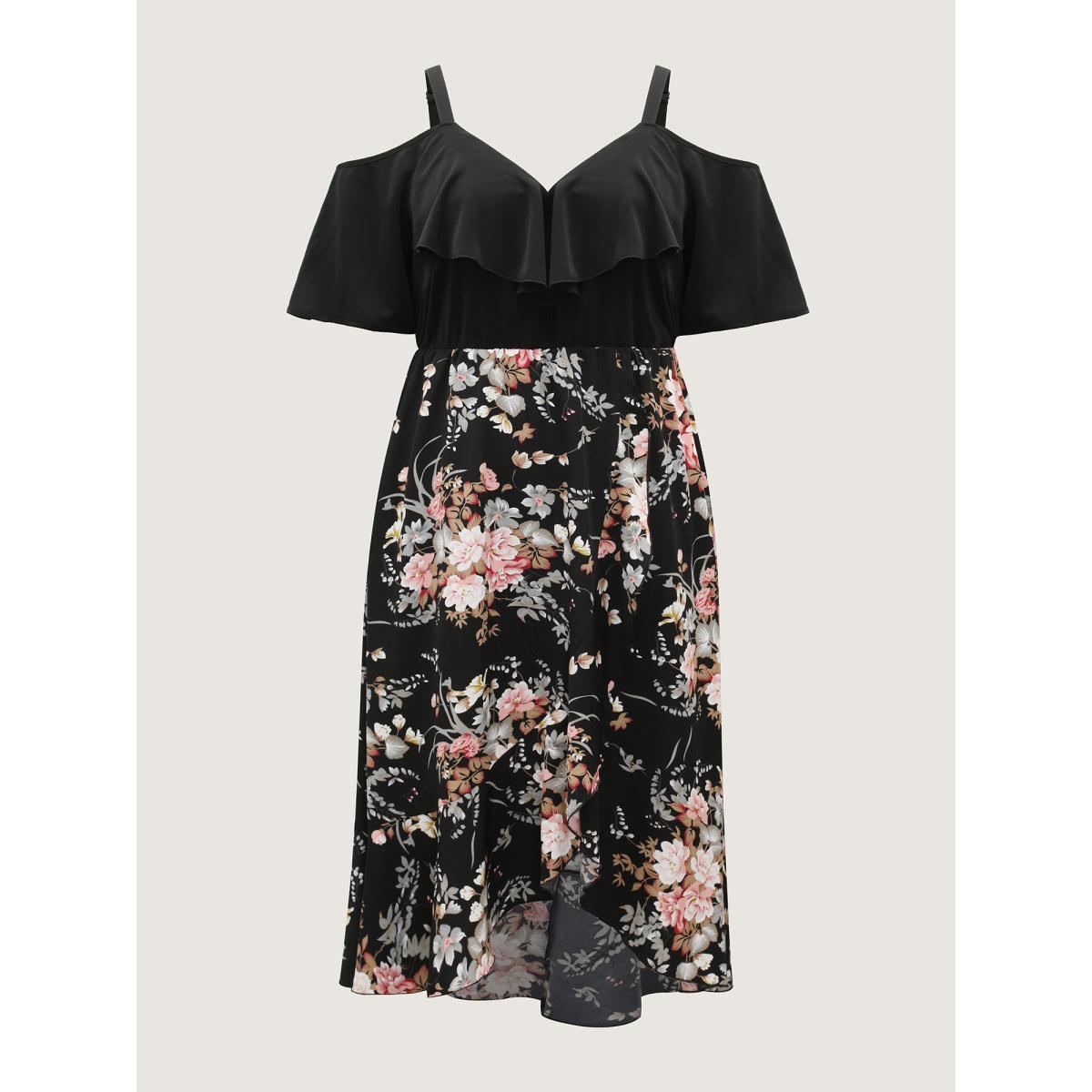 Plus Size Floral Print Overlap Hem Ruffled Midi Dress Black Women One-shoulder neck Short sleeve Curvy BloomChic 28/5X Product Image