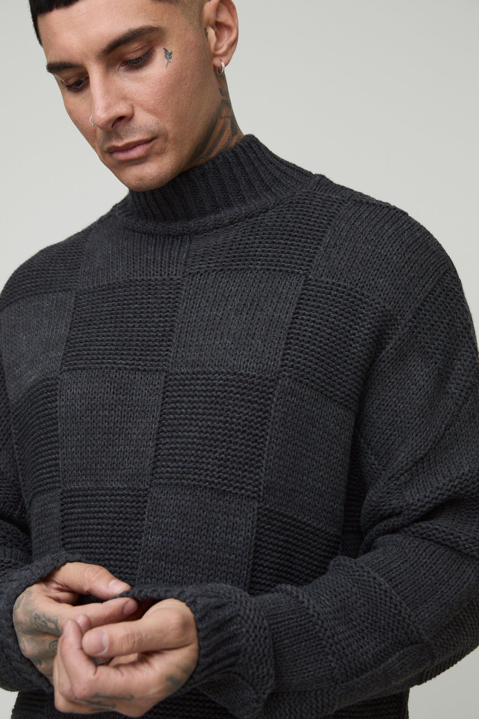Tall Oversized Plaid Funnel Neck Knitted Sweater | boohooMAN USA Product Image