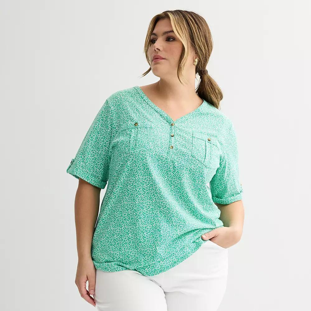 Plus Croft & Barrow Elbow Sleeve Utility Henley Top, Womens Product Image