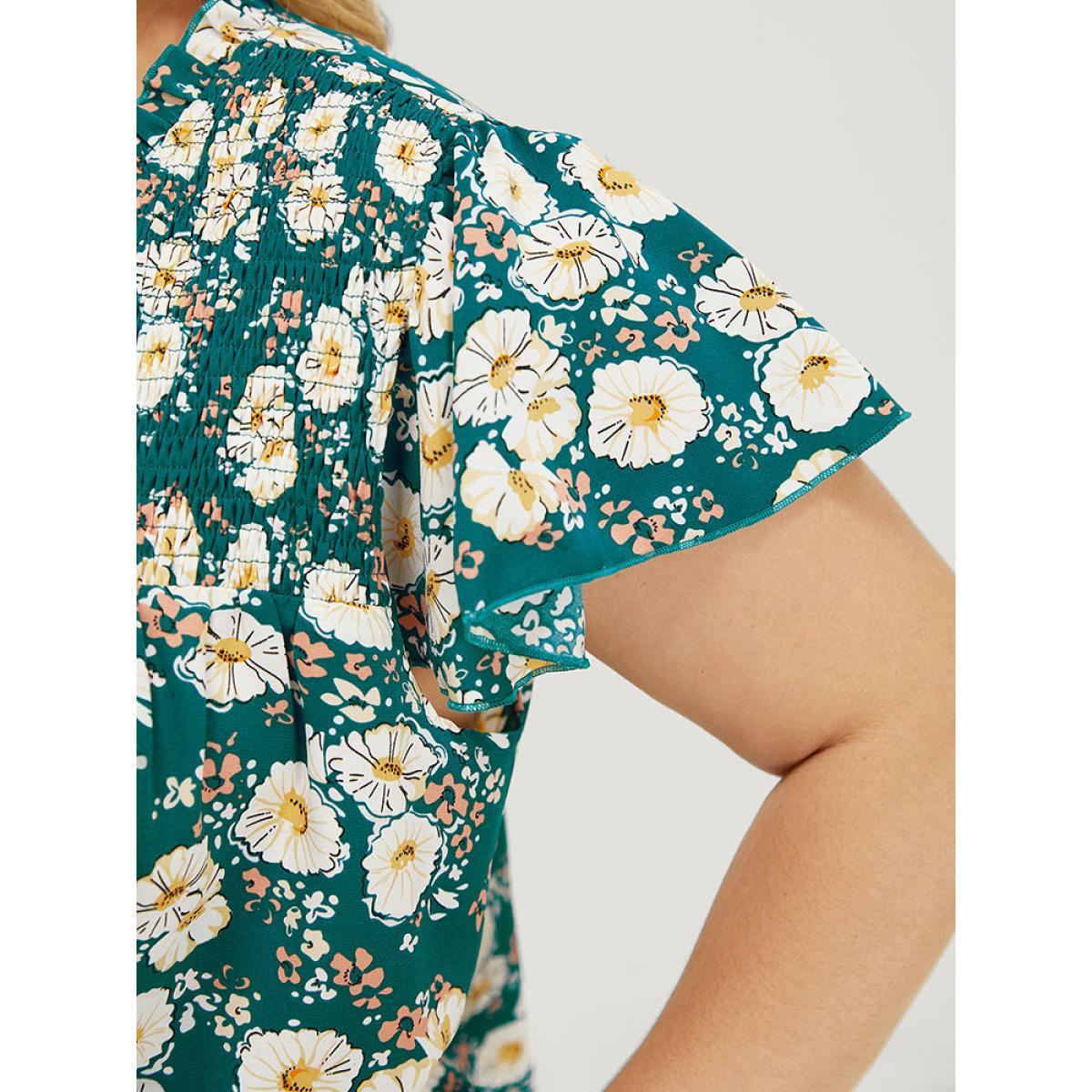Plus Size Cerulean Floral Ruffle Sleeve Shirred Button Up Frill Trim Blouse Women Elegant Short sleeve V-neck Dailywear Blouses BloomChic 18-20/2X Product Image