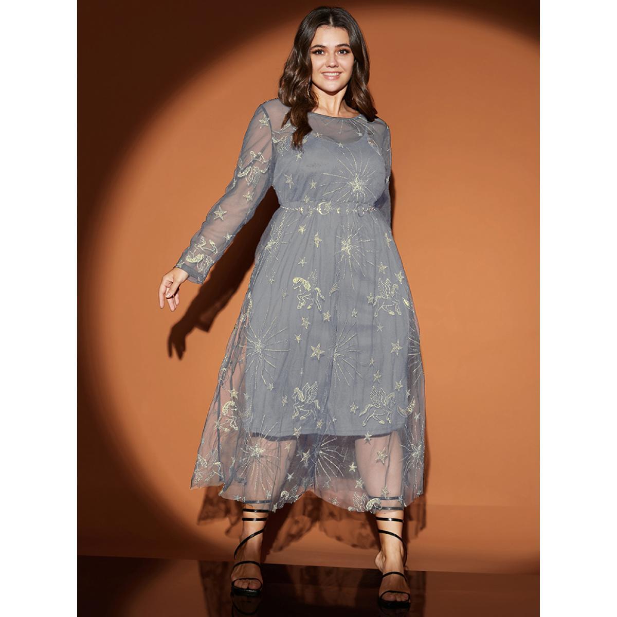 Moon and Star Embroidered Plus Size Women Midi Dress Going out Gathered Long Sleeve Round Neck Party Dresses BloomChic Product Image